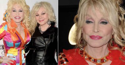 Dolly Parton poserar med sin syster Stella, samt en närbild i röd, juvelbesatt klänning