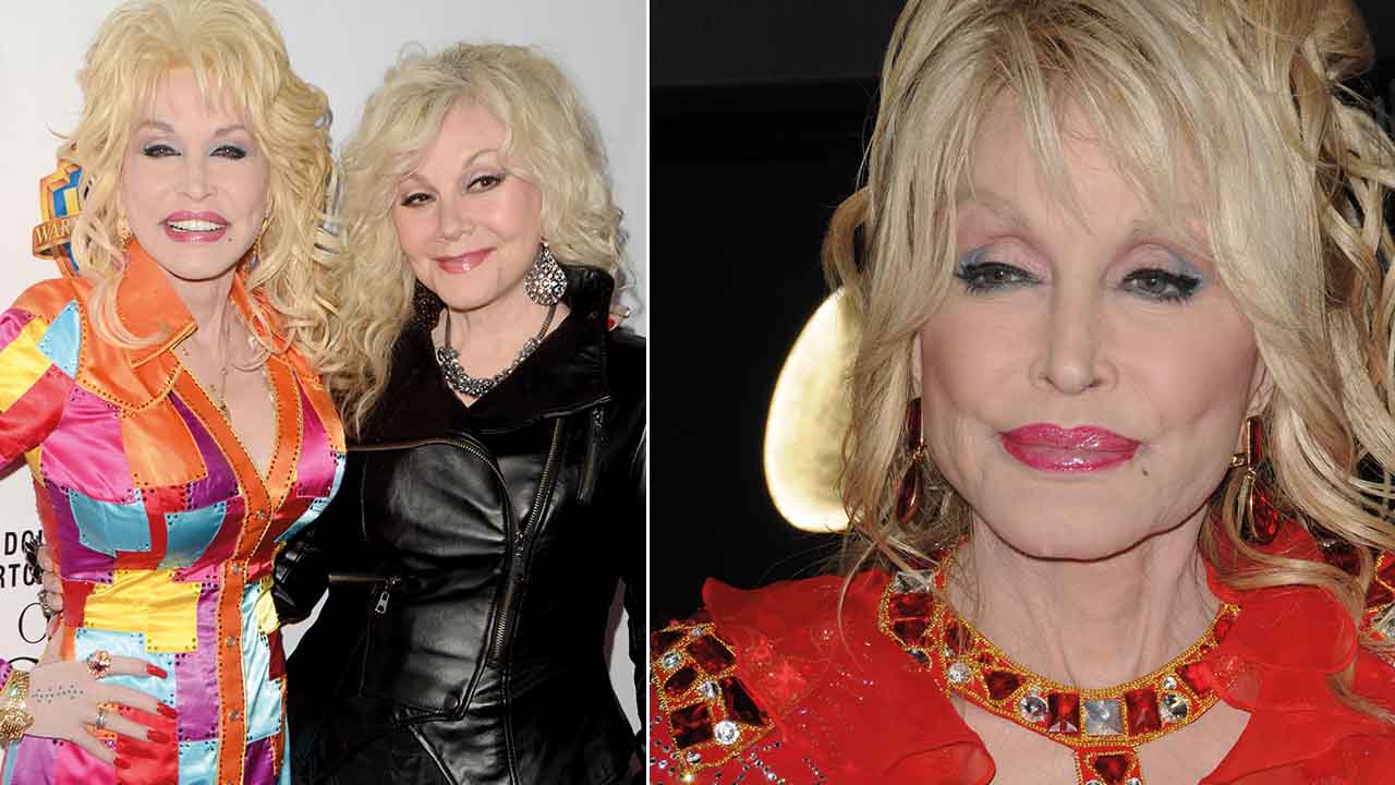 Dolly Parton poserar med sin syster Stella, samt en närbild i röd, juvelbesatt klänning