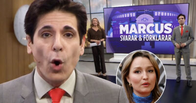 Marcus Oscarsson talar i tv-studio, infälld bild på Ebba Busch (KD), skylt med texten Marcus svarar & förklarar