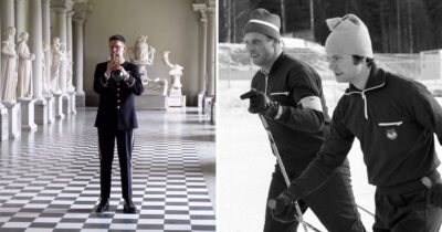 Trumpetare Björn Nyman i uniform spelar i pelarsal, samt två skidåkare kung Harald och kung Carl XVI Gustaf i mössor på gammalt foto