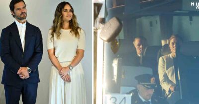 Prins Carl Philip och prinsessan Sofia står tillsammans, samt kungligheter synliga genom bussfönster