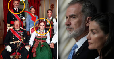 Kungafamilj poserar tillsammans, kung Felipe och Ingrid Alexandra markerade med gula cirklar och röd pil