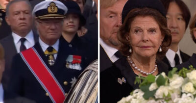 Kung Carl Gustaf i uniform och drottning Silvia i sorgdräkt vid en ceremoni