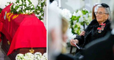 Kista täckt med röd flagga vid begravning, Prinsesse Astrid. Fru Ferner