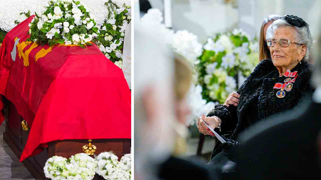 Kista täckt med röd flagga vid begravning, Prinsesse Astrid. Fru Ferner