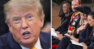 Trump talar upprört, till höger sörjande kungligheter i svart vid begravning