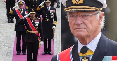 Kung Carl Gustaf i uniform gör honnör tillsammans med andra officerare vid ceremoni