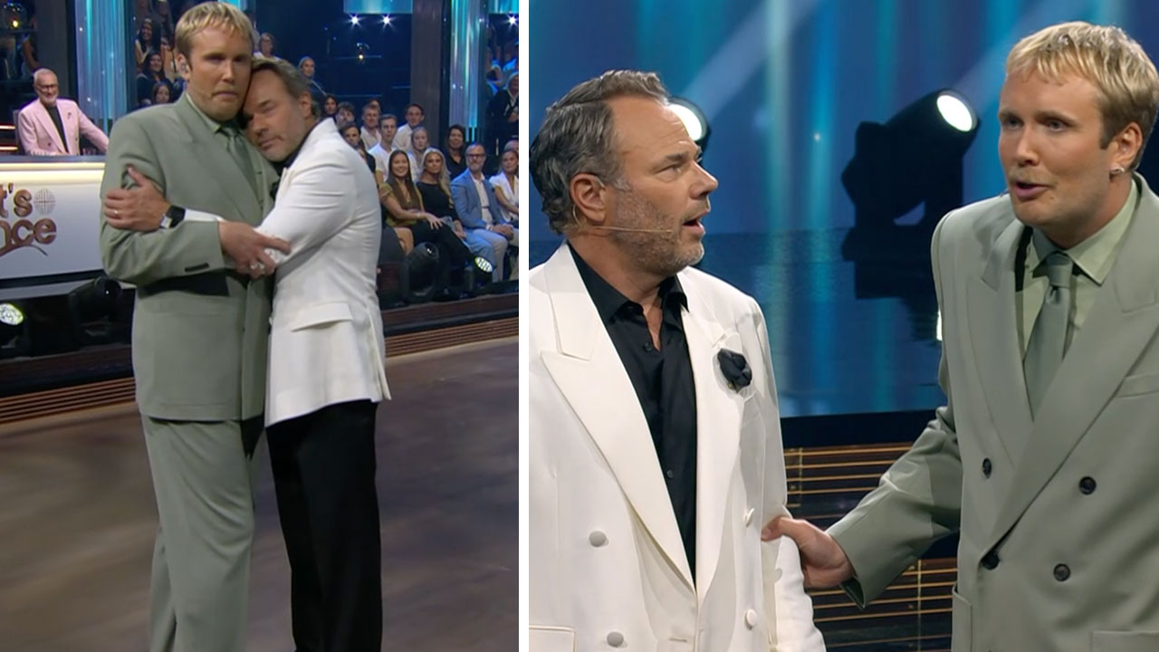 David Hellenius och Edvin Törnblom kramas på dansgolvet och samtalar sedan intensivt på scenen i Let's Dance