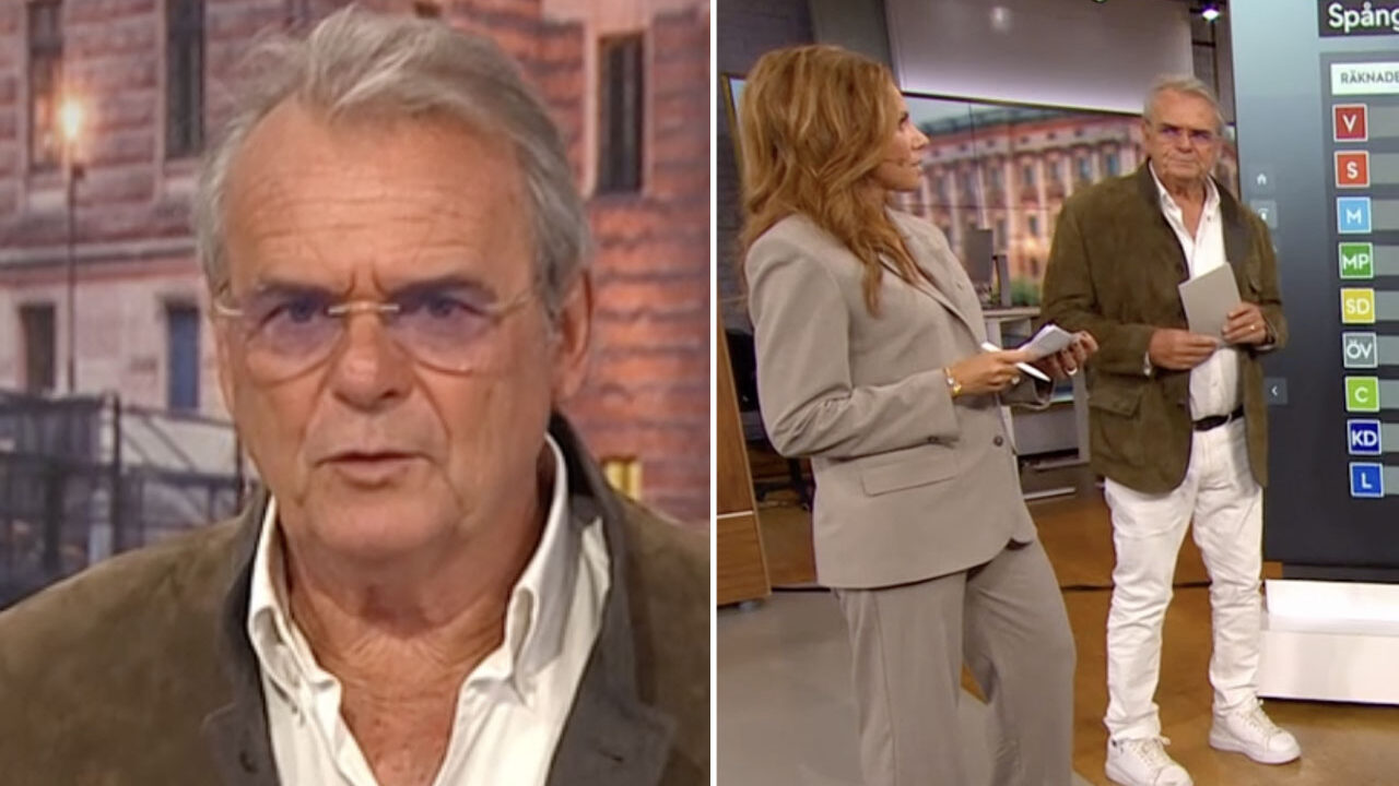 Steffo Törnquist kommenterar valresultat i tv-studio med partisiffror i bakgrunden