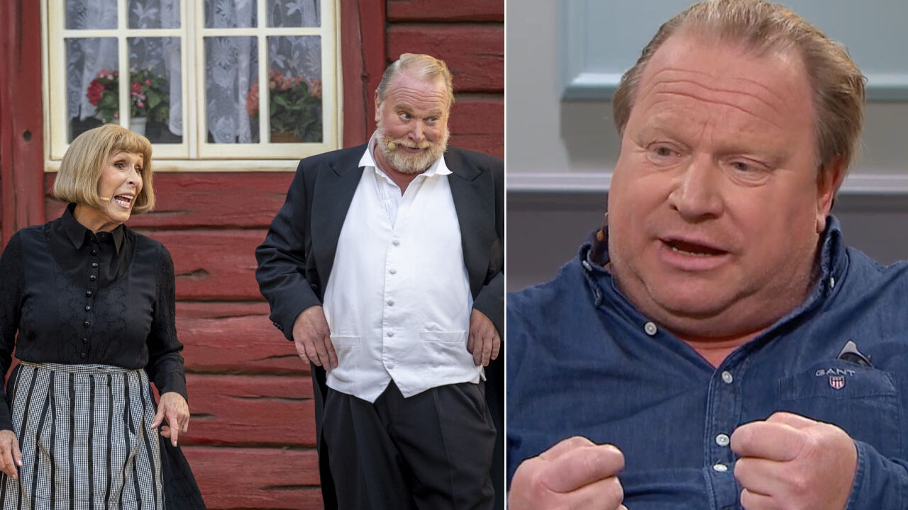 Skådespelarna Eva Rydberg och Claes Malmberg i pjäs på Fredriksdalsteatern i Helsingborg. Bild på Malmberg från en tv-intervju, gestikulerandes.