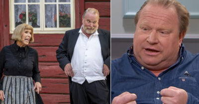 Skådespelarna Eva Rydberg och Claes Malmberg i pjäs på Fredriksdalsteatern i Helsingborg. Bild på Malmberg från en tv-intervju, gestikulerandes.
