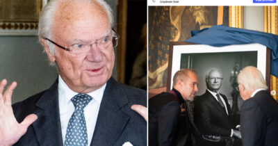 Kungen betraktar sitt nyavtäckta porträtt tillsammans med fotografen på Gripsholm Slott