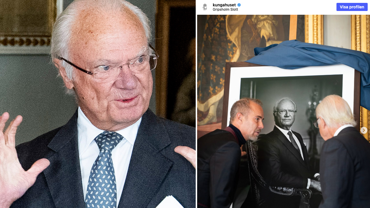 Kungen betraktar sitt nyavtäckta porträtt tillsammans med fotografen på Gripsholm Slott
