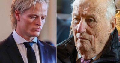 Marius Borg Höiby och kung Harald ser allvarliga ut, sida vid sida