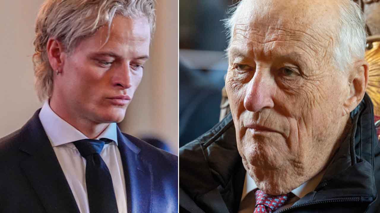 Marius Borg Höiby och kung Harald ser allvarliga ut, sida vid sida