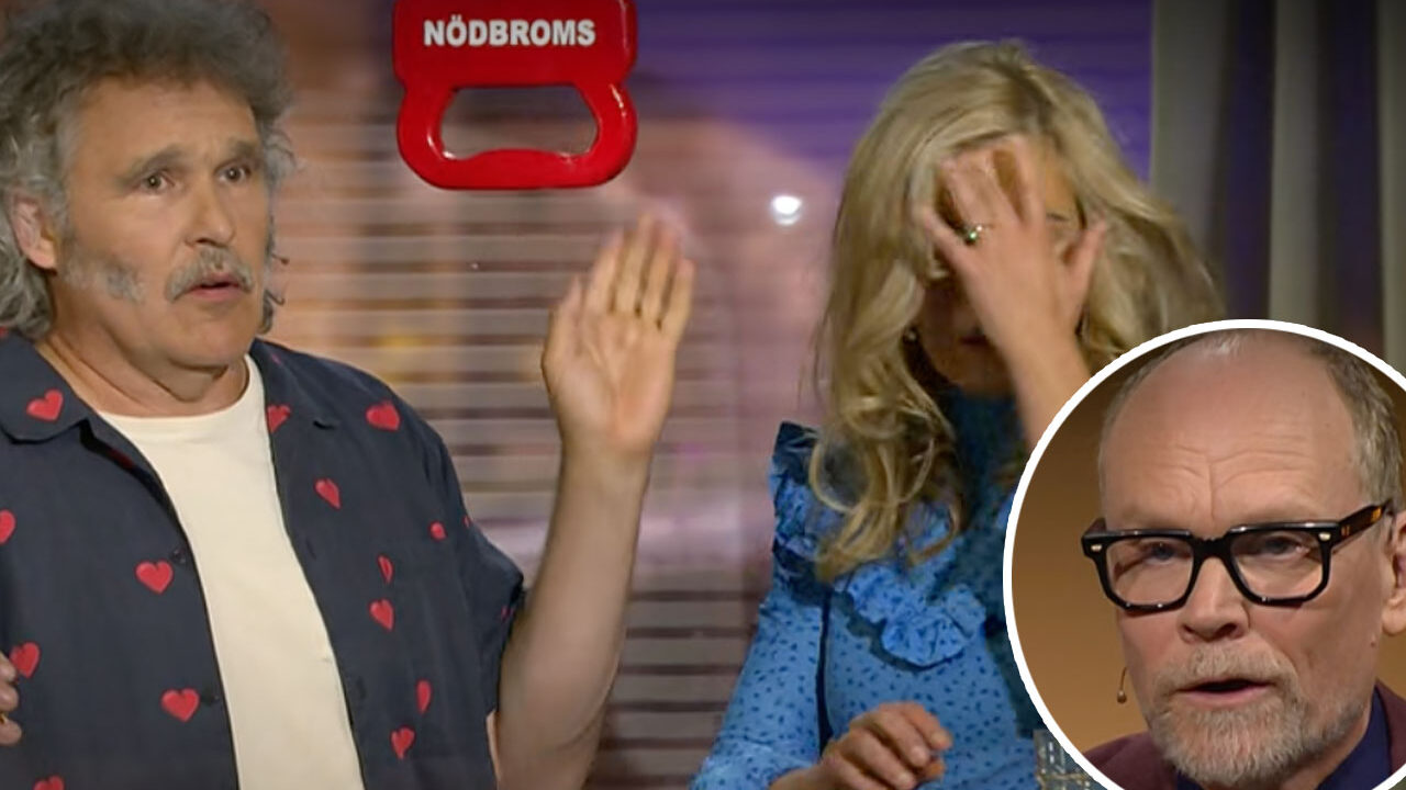 Erik Haag håller upp handen mot Lotta Lundgren som gömmer ansiktet, infälld bild visar Kristian Luuk med glasögon som pratar i På spåret