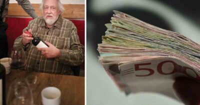 Leif GW Persson med en vinflaska. Sedlar.