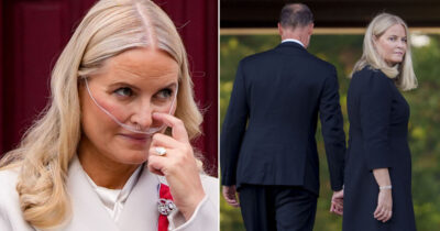 Drottning Mette-Marit med syrgasslang i näsan, och i svart antrekk tillsammans med kung Haakon utomhus.