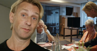 Anders Hansen intervjuas, i bakgrunden äldre par vid matbord där personal lutar sig fram