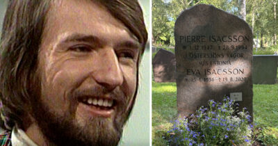Pierre Isacsson, till höger hans gravsten med text om Estoniakatastrofen 1994