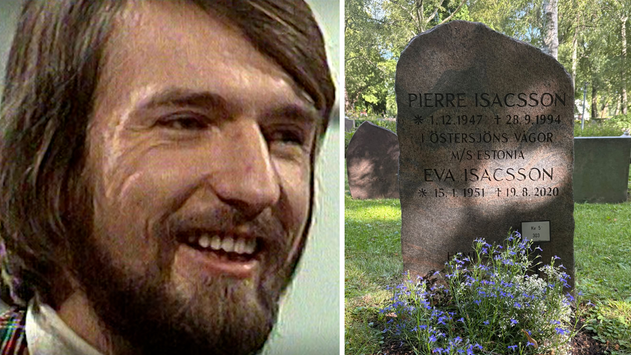 Pierre Isacsson, till höger hans gravsten med text om Estoniakatastrofen 1994