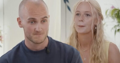 En man och en kvinna intervjuas var för sig med mikrofoner fästa på kläderna