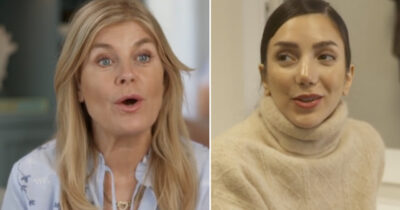 Pernilla Wahlgren och Gina Dirawi pratar under en intervju, uppdelat i två bilder