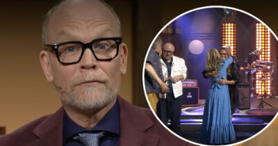 Kristian Luuk med glasögon, infälld bild visar kramar på en scen i På spåret