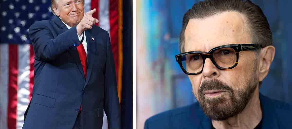 Donald Trump pekar leende framför amerikansk flagga, bredvid en allvarlig Björn Ulvaeus.