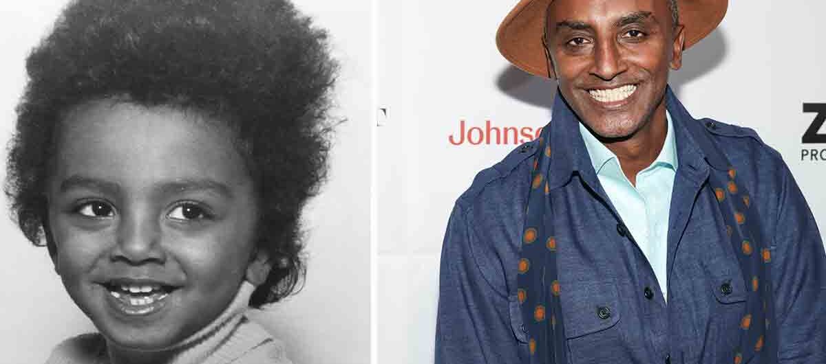 Marcus Samuelsson som barn och vuxen, leende på båda bilderna