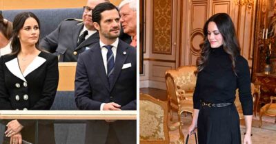 Prinsessan Sofia och prins Carl Philip står tillsammans, samt Sofia går genom ett praktfullt rum
