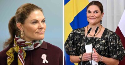 Kronprinsessan Victoria talar vid mikrofoner och i porträtt med scarf