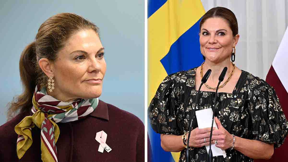Kronprinsessan Victoria talar vid mikrofoner och i porträtt med scarf