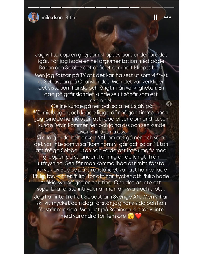 Instagramstory från Milo Danilesson med långt textinlägg om Sebastian och Gränslandet