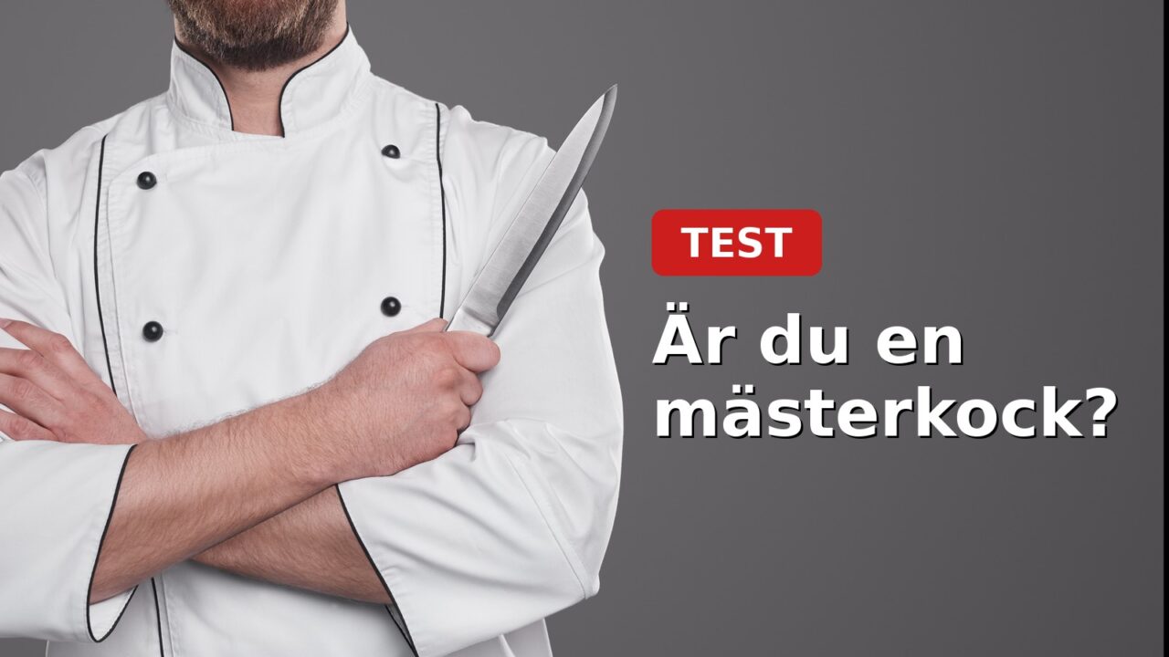 Bild på en kock med kniv i handen. Texten Test: Är du en mästerkock?