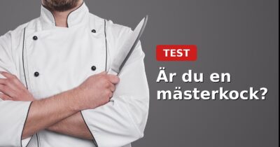 Bild på en kock med kniv i handen. Texten Test: Är du en mästerkock?