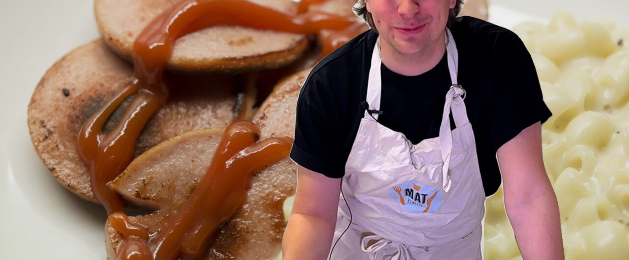 Rasmus Weinemo framför stekt falukorv med stuvade makaroner