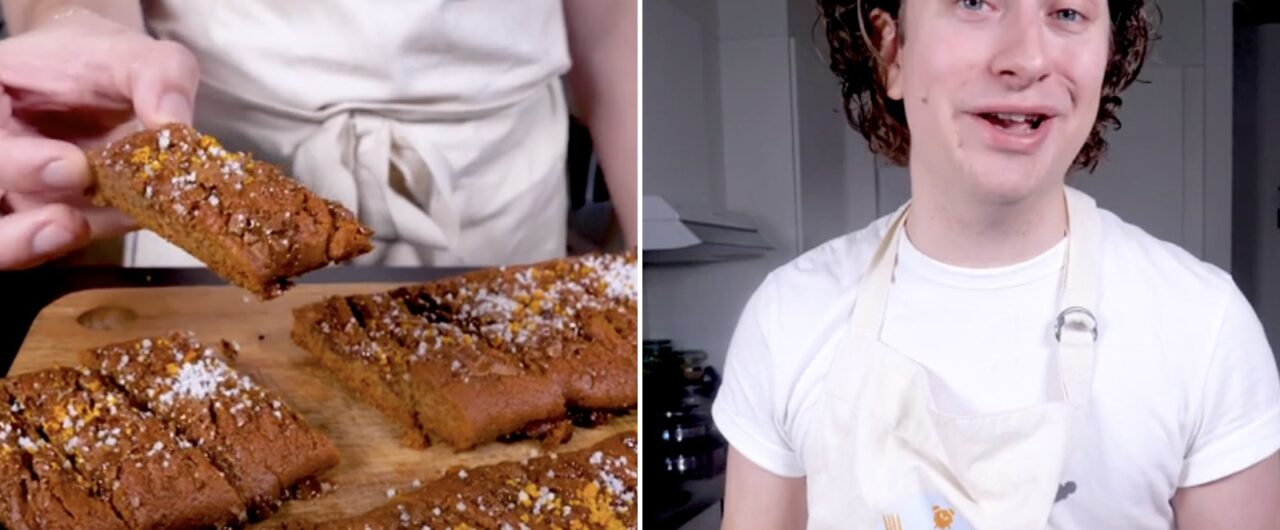Bild på pepparkakssnittar. Bild på Rasmus Weienemo med förkläde i ett kök