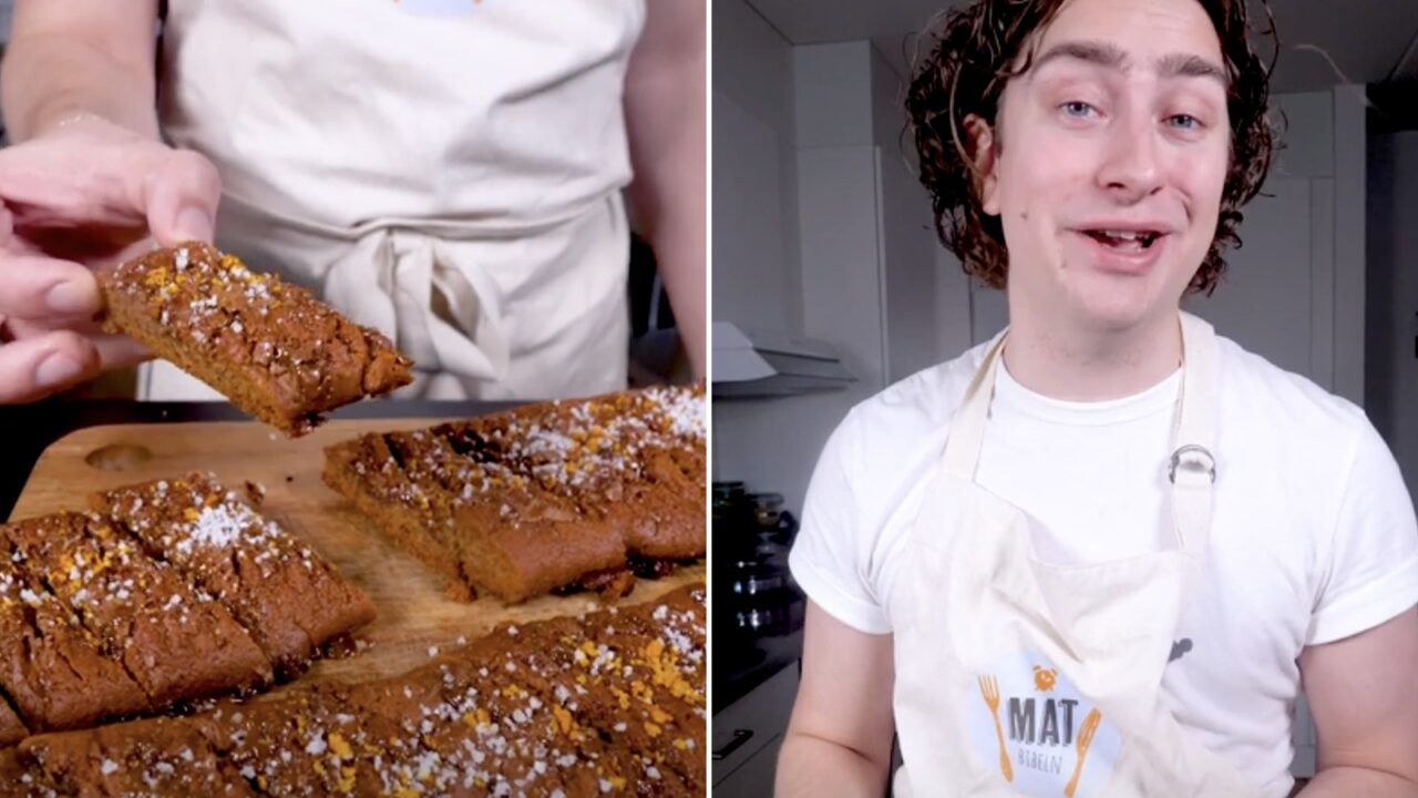 Bild på pepparkakssnittar. Bild på Rasmus Weienemo med förkläde i ett kök