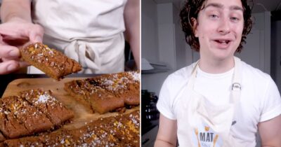 Bild på pepparkakssnittar. Bild på Rasmus Weienemo med förkläde i ett kök