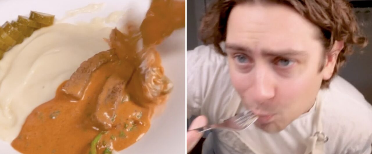 Splittbild på Biff stroganoff a la Tareq Taylor och Rasmus Weinemo som provsmakar biff stroganoff