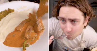 Splittbild på Biff stroganoff a la Tareq Taylor och Rasmus Weinemo som provsmakar biff stroganoff