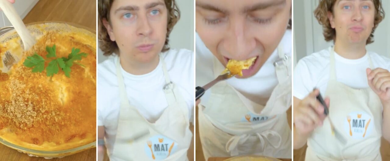 Potatisgratäng med ostbågar. Reaktionsbilder på kocken Rasmus Weinemo när han provsmakar