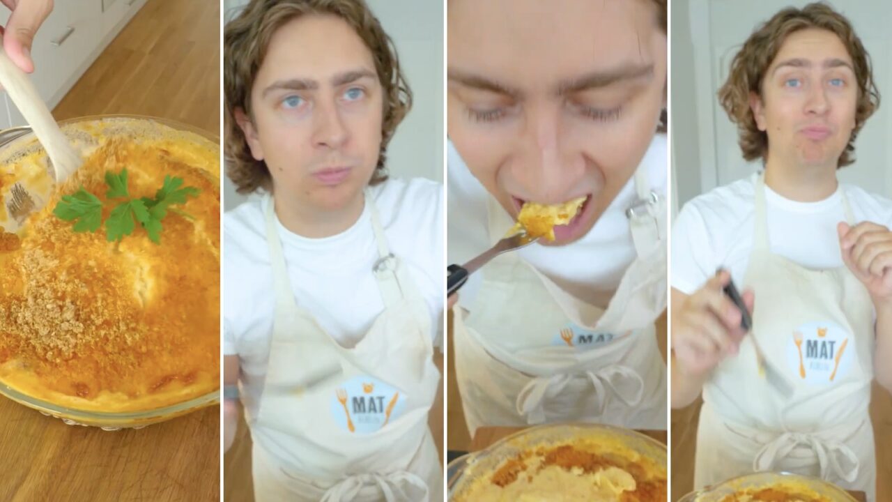 Potatisgratäng med ostbågar. Reaktionsbilder på kocken Rasmus Weinemo när han provsmakar