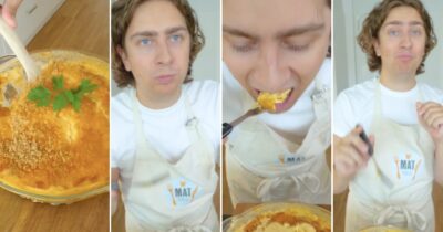 Potatisgratäng med ostbågar. Reaktionsbilder på kocken Rasmus Weinemo när han provsmakar