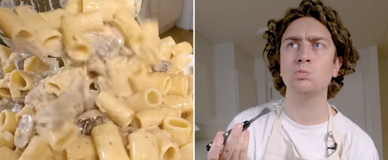 Biffpasta med västerbottenost. Bild på kocken Rasmus Weinemo som provsmakar biffpasta