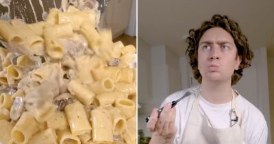 Biffpasta med västerbottenost. Bild på kocken Rasmus Weinemo som provsmakar biffpasta
