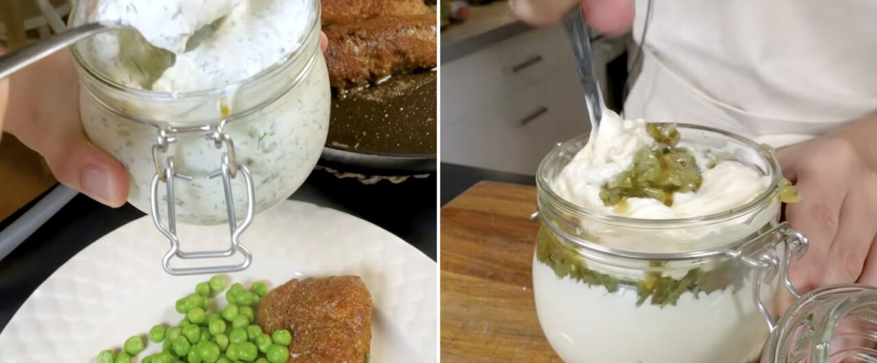 Fisk på en tallrik med en burk vit sås gjord på creme fraiche