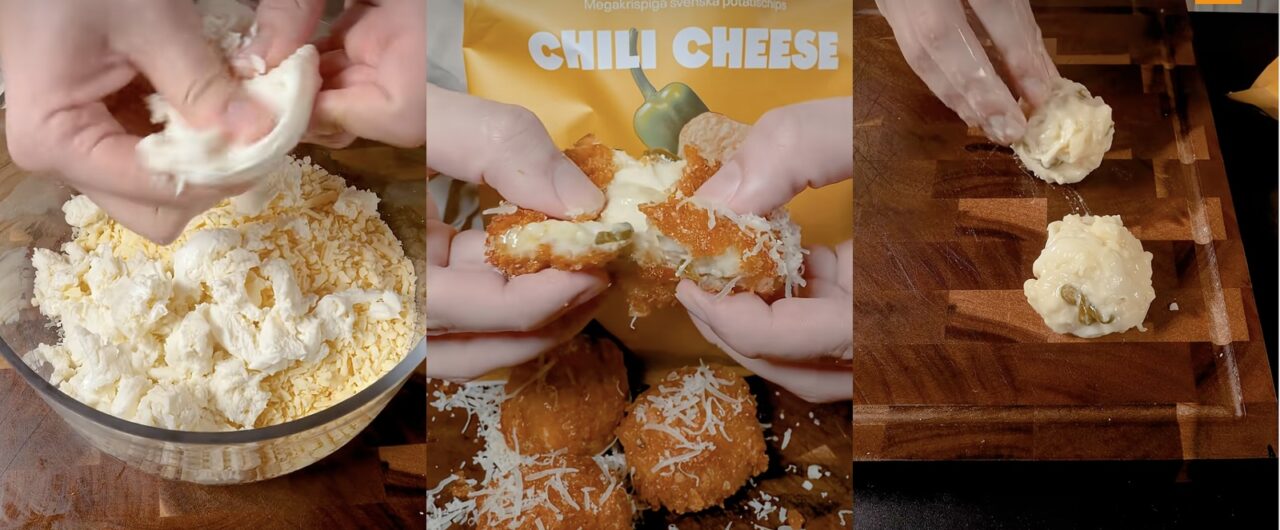 Tre bildrutor: ostblandning, friterad chili cheese med ostdrag och chipspåse, samt formade bollar på skärbräda