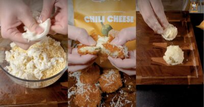 Tre bildrutor: ostblandning, friterad chili cheese med ostdrag och chipspåse, samt formade bollar på skärbräda